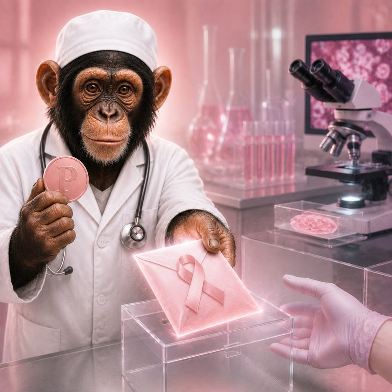 The pinkape mascot placing a pink ribbon envelope into a clear donation box as a gloved researcher reaches to receive it.