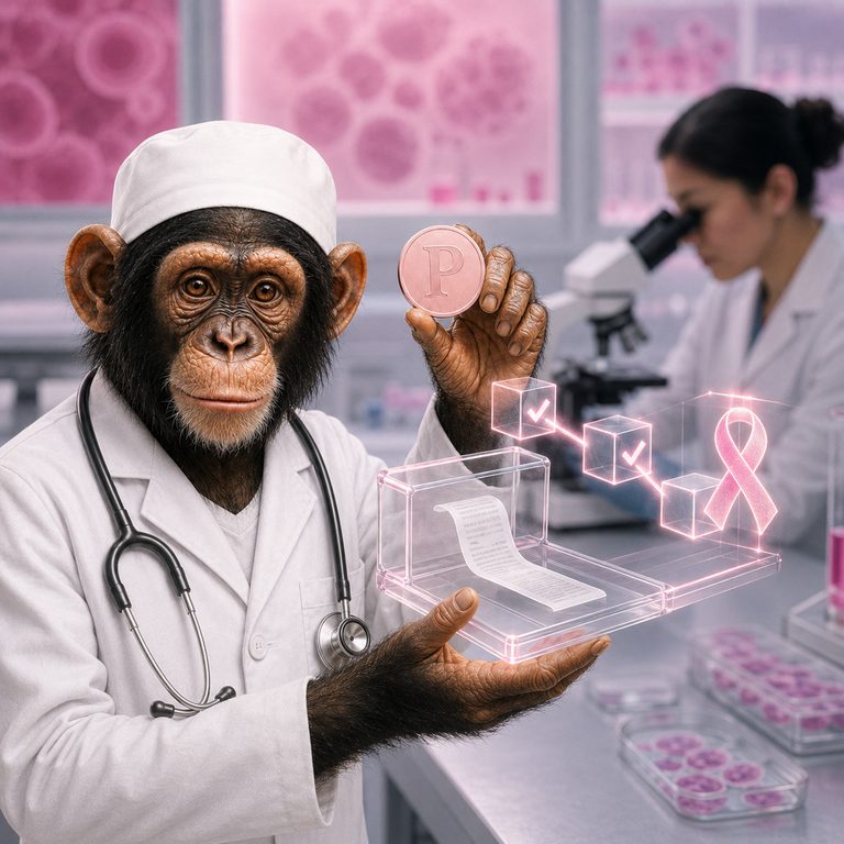 The pinkape mascot holding a printed receipt beside a chain of verification checkmarks leading to a pink ribbon, with a researcher at a microscope behind.