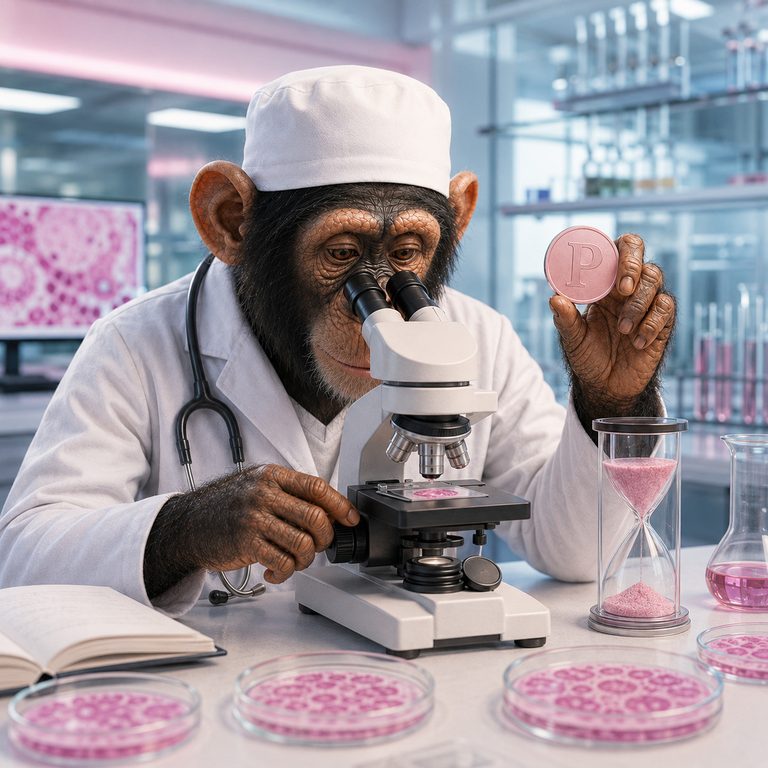 The pinkape mascot at a microscope in a laboratory, beside an hourglass of pink sand and culture dishes, holding the pink P coin.